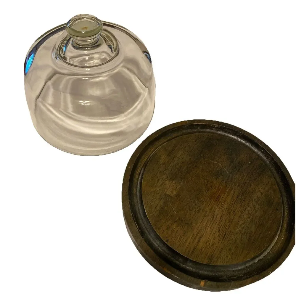 Glass Cheese Dome w/ Wood Green Base Cloche Rustic Farmhouse Decor cake, butter
